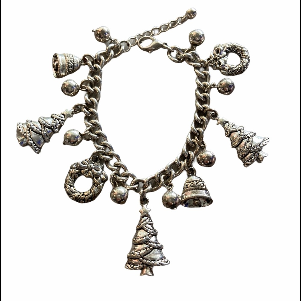 Christmas Charm Bracelet Trees Jingle Bells Wreath Holiday Festive Party Silver
